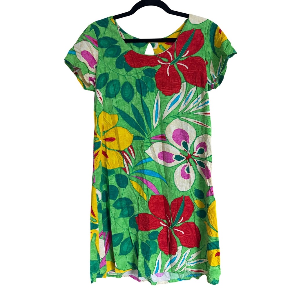 Hula Moon by Jams World Floral Rayon Shift Dress Green Hibiscus Made in Hawaii